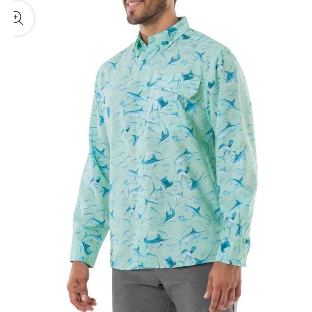 Men's Medium Guy Harvey Marlin Beach Glass Tonal Bills Long Sleeve Fish Shirt - Picture 2 of 12